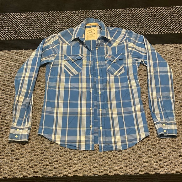 Hollister Pearl Button Up Shirt Mens Size L Long Sleeve Blue Plaid Western Y2K - Picture 1 of 6